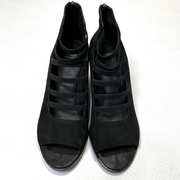Eileen Fisher James Black Sandals Size 9.5 Strappy Nubuck Block Shoeties - Picture 4 of 13